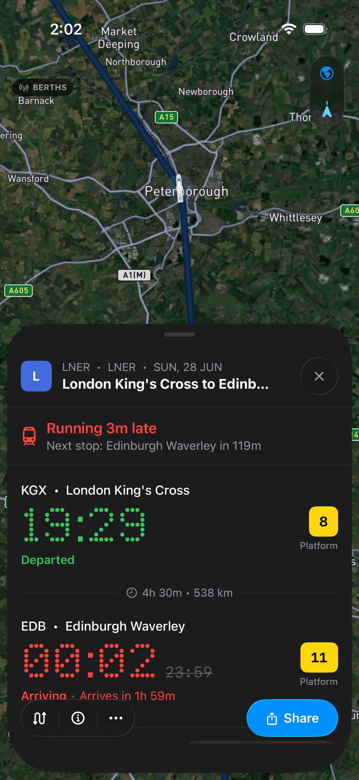 Conductor live map tracking a train on the rail line